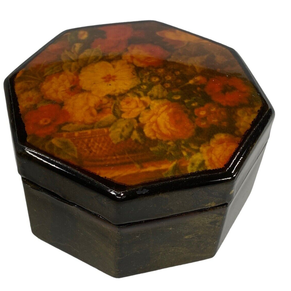 Vintage Black Hexagonal Lacquer Floral Trinket Lidded Jewelry Box Home Decor